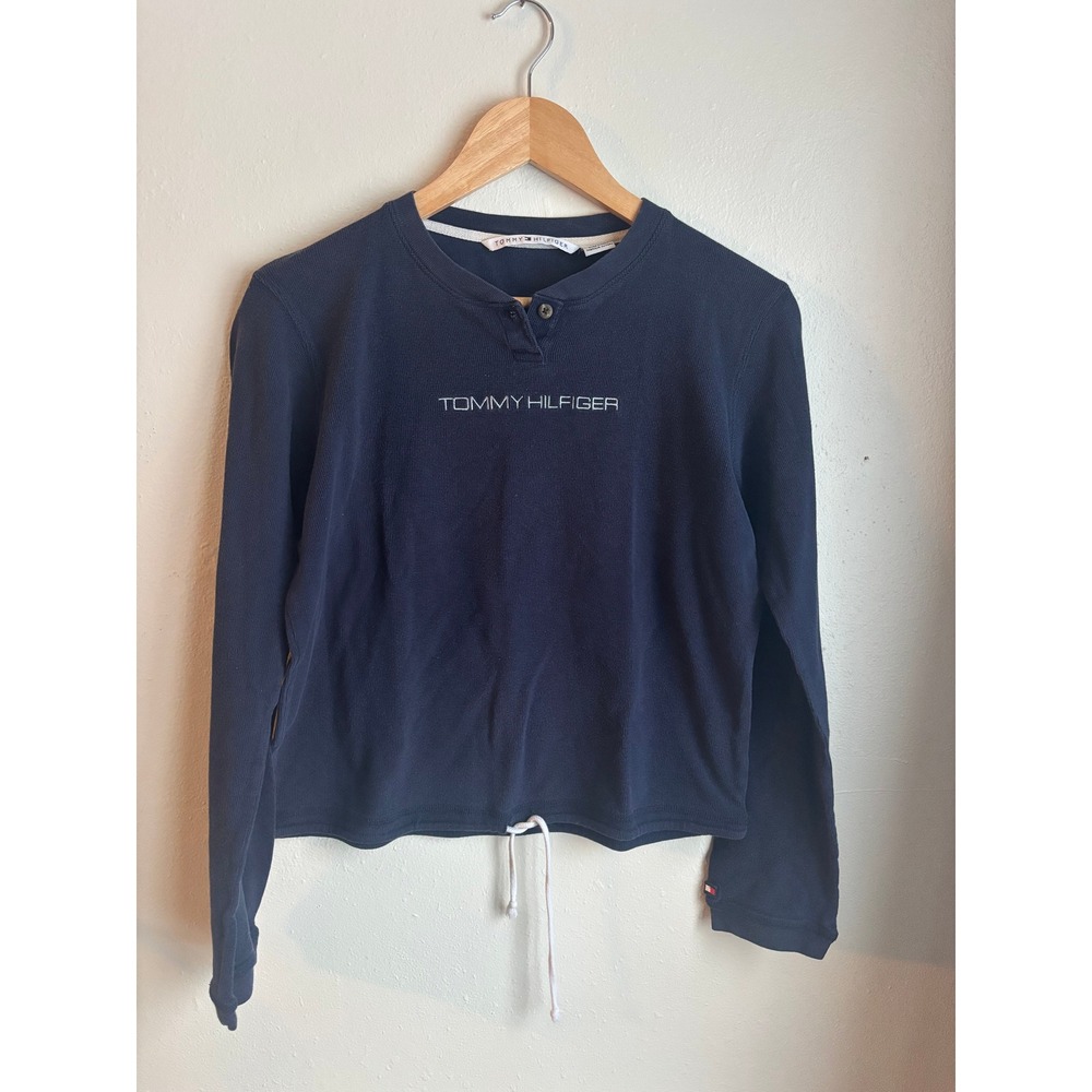 Tommy Hilfiger Long Sleeve Cropped Pullover Shirt Navy Blue Drawstring Womens M